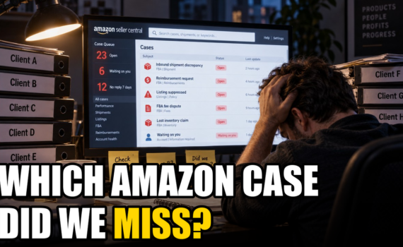 Which Amazon case did we miss? Agency manager at a desk, Amazon Seller Central case queue showing 23 open, 6 waiting on you, 12 with no reply in 7 days