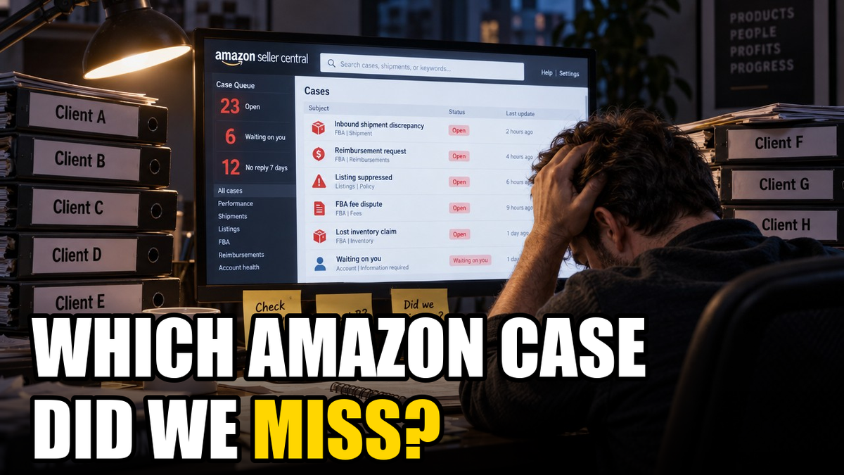 Which Amazon case did we miss? Agency manager at a desk, Amazon Seller Central case queue showing 23 open, 6 waiting on you, 12 with no reply in 7 days